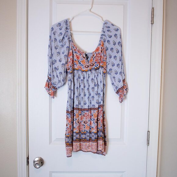 Boho Peasant Mini Dress Empire Waist Floral Print Stretch Festival L True Spring - Picture 1 of 7